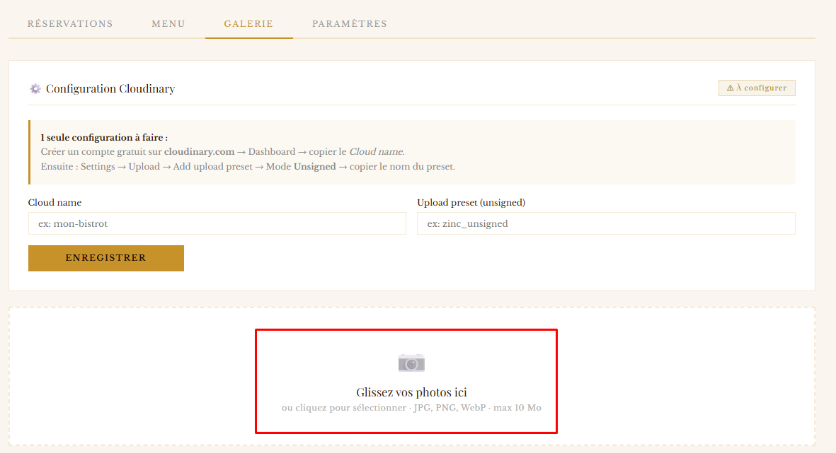 Galerie drag & drop dans l'admin